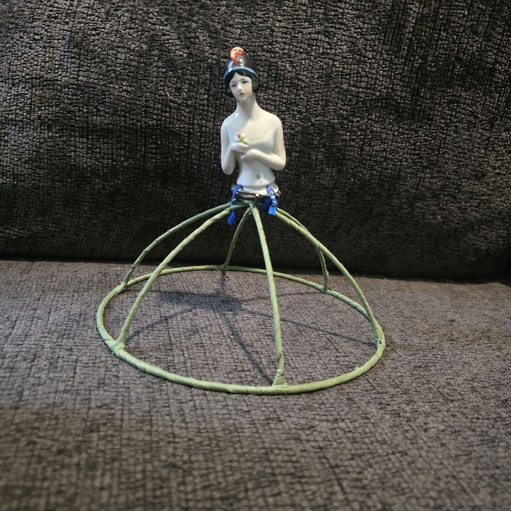 Vintage German Porcelain Flapper Half-Doll with Green Wire Skirt Attachment